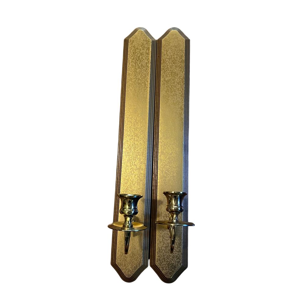 Vintage 70s gold wall sconces tall narrow 20x3 brass wood retro home wall decor